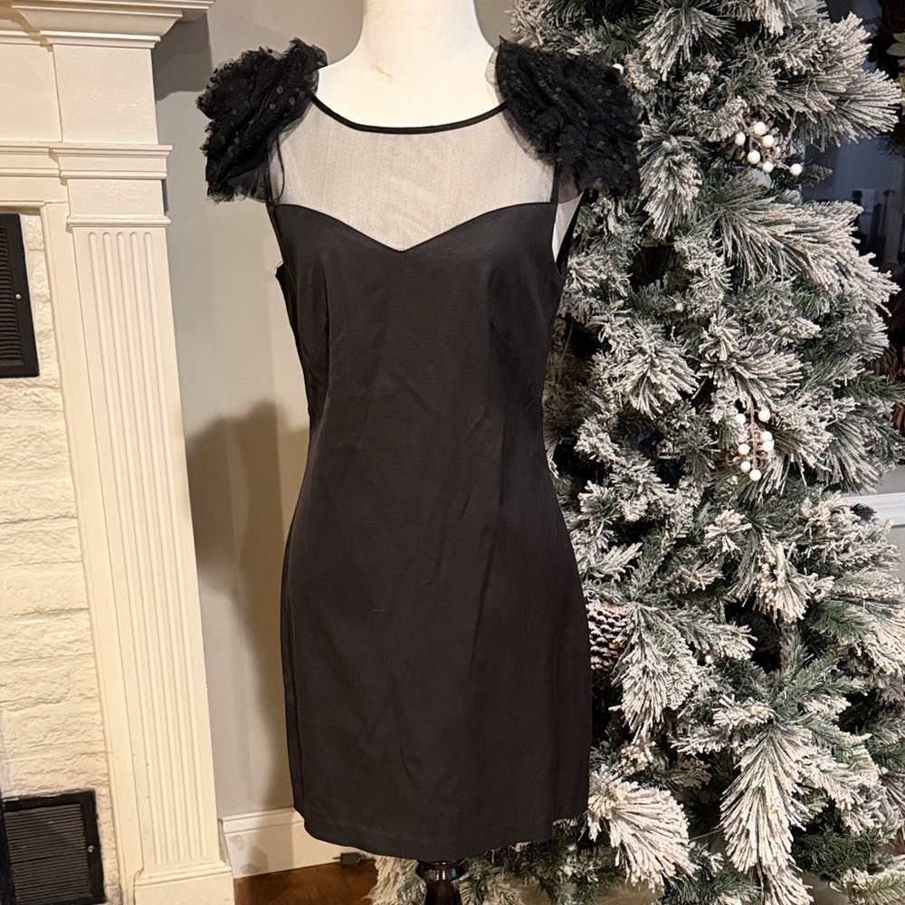 Little Black Cocktail Mini Dress with Organza Rosette Shoulders